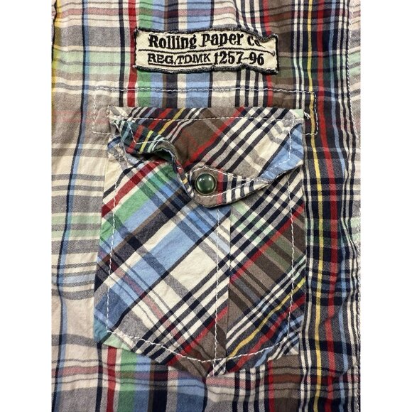 Rolling Paper Shirt Men’s Large Pearl Snap Plaid Patches Short Sleeve READ DESCR - Picture 3 of 10